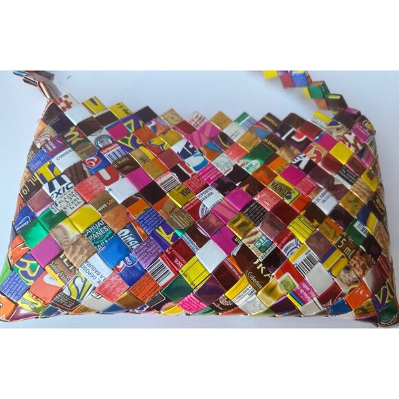 Novelty Pattern Candy Wrappers Multicolored Shoulder Purse 6.5" Tall - Picture 11 of 14